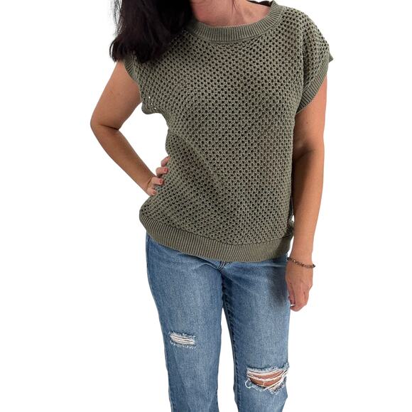 SANCTUARY Top Size XL NEW Knit Sweater Cap Sleeve Open Knit Olive Green - Picture 1 of 6